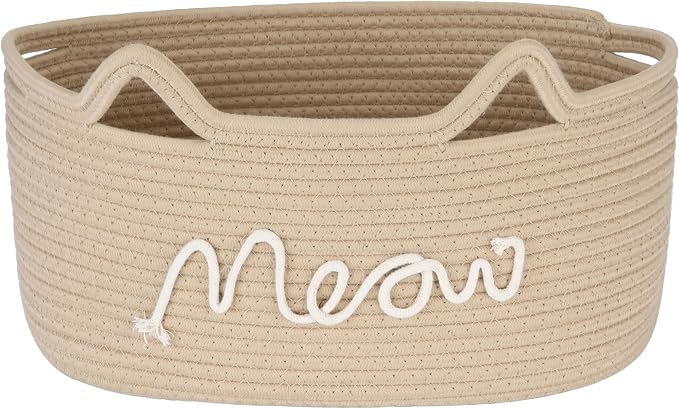 Sea Team Cat Toy Storage Basket with Handles and Ears, Beige Meow | Large Cotton Rope Storage Bin, Shelf Basket, Organizer for Pet Chew Toys, Foods, 16.5 x 11 x 7 Inches, 4.4 Gallons
