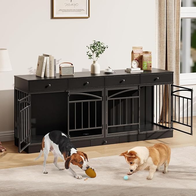 Dog Crate Furniture for 2 Dogs, Double Dog Crate TV Stand, Black | 78.7'' Large Dog Kennel Indoor, 4 Storage Drawers and Feeding Bowls, Pet Kennel for Small and Medium Dogs