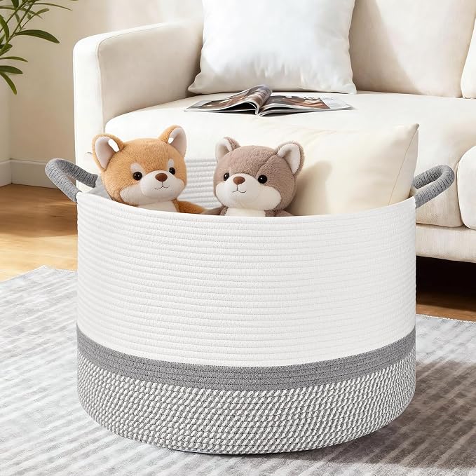 67L Large Blanket Basket, 20"x13" Blanket Basket Living Room, Woven Baskets With Handle, Toy Baskets for Blankets, Nursery, Dog, Pillow, Gift (White & Light Grey)