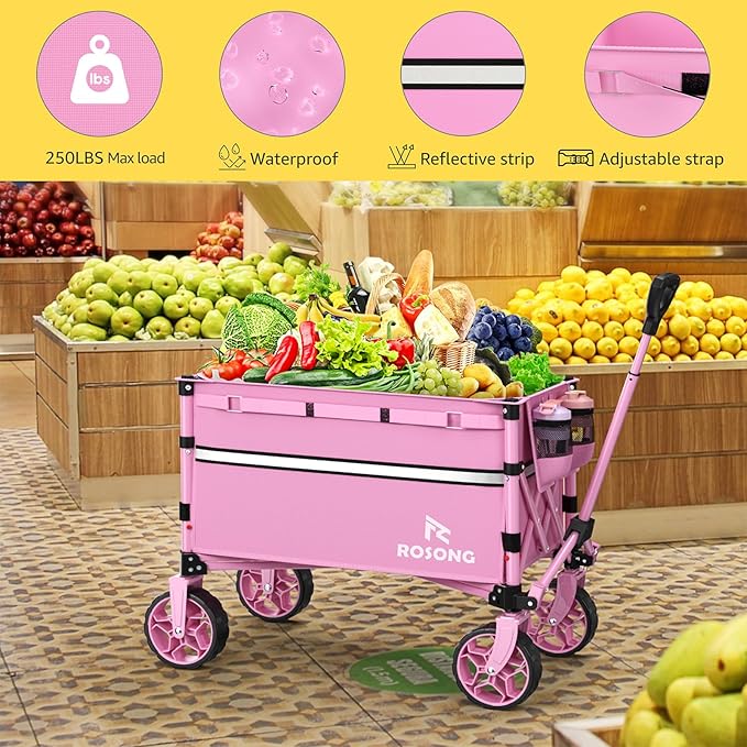 ROSONG Collapsible Wagon Cart with Wheels Foldable - Folding Utility Heavy Duty Wagons Carts for Grocery Sports Garden Shopping Camping Wheelbarrows (Pink, 120L)