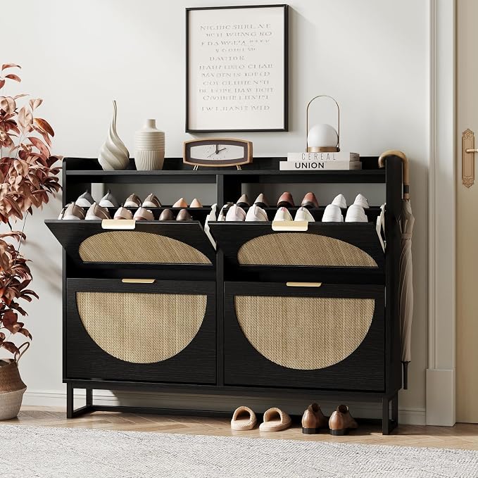 Maupvit Large Rattan Shoe Storage Cabinet with 4 Flip Drawers, Freestanding Shoe Organizer with Metal Legs for Entryway, Hidden Golden Handles, Narrow Shoe Rack Cabinet, Black