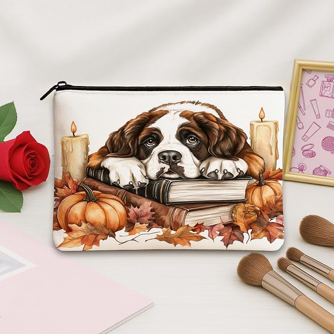 Fall St. Bernard Dog Makeup Bag, Autumn Candle Book Pumpkin Printed Cosmetic Travel Pouch for Women Girls, Pet Portable Small Canvas Zipper Organizer 7x9 Inch