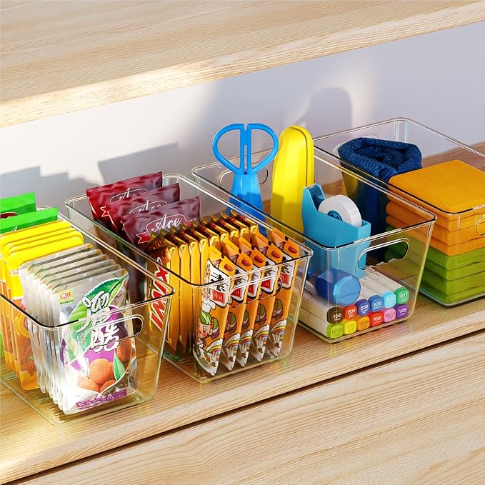 Clear Fridge Organizer Bins with Handles, 6 Pack 9.5×5×4.5 Inch | Clear storage bins with handles, food organizer basket for kitchen, fridge, freezer and bedrooms