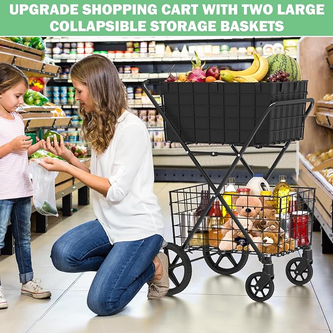 𝐍𝐄𝐖 2-Tier Large Collapsible Grocery Cart On Wheels 400lbs Shopping Cart | for Groceries with 2 Removable Baskets, Waterproof Liner, Heavy Duty Foldable Shopping Utility Cart for Seniors