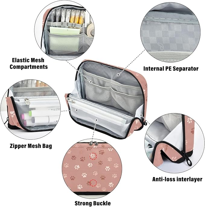 Aslsiy Large Capacity Pencil Case Rose Gold Pet Paws (1) Pencil Pouch for Boys Girls Portable Pen Bag Organizer Standing Makeup Bag for School Office Supplies
