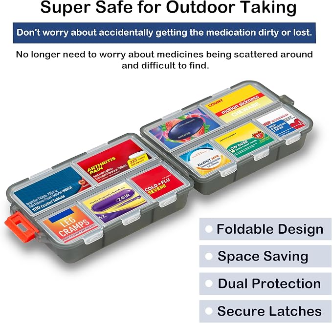 Extra Large Pill Organizer with 161 Medicine Labels, Travel Pill Case | Gray Extra large case with 10 compartments for 7-day pill planning, vitamins, supplements, and travel