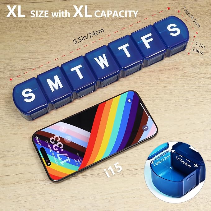 Extra Large Weekly Pill Box Organizer 7 Day, MOLN HYMY 1 Week Jumbo Pill Dispenser Case One Time a Day, Daily Medicine Container to Hold Medication, Vitamins, Fish Oils and Supplement (Blue