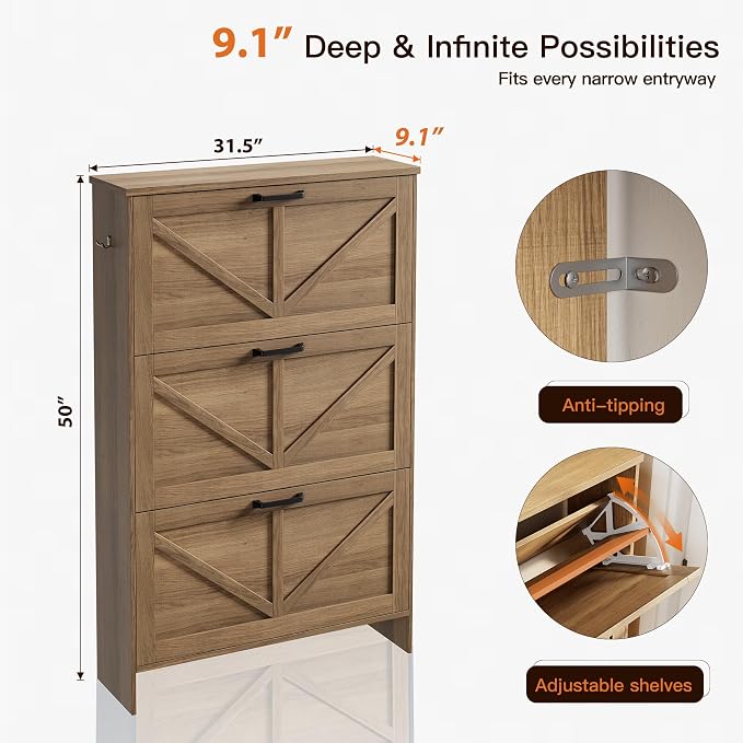 Shoe Cabinet for Entryway, 3 Flip Drawers Shoe Storage Cabinet with 3-Tier Adjustable Shelves, Ultra Slim Freestanding Hidden Shoe Organizer with Barn Door Design, Caramel Brown