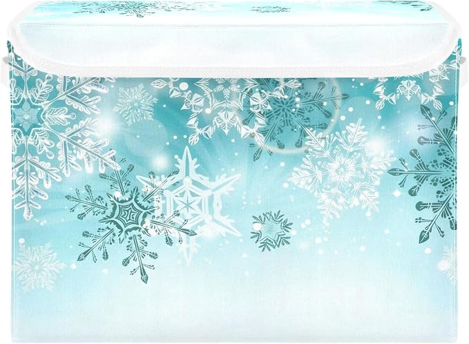 Senya Collapsible Storage Bins with Lids, Silver Winter Teal Turquoise Snowflakes Christmas Storage Boxes Clothes Baskets for Organizing