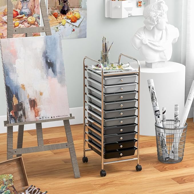 10 Drawer Rolling Storage Cart, Organization Cart with Drawers for Craft Makeup Paper Tool Art Supply, Versatile Utility Cart on Wheels for Home Office Classroom School (Gradient Gray)