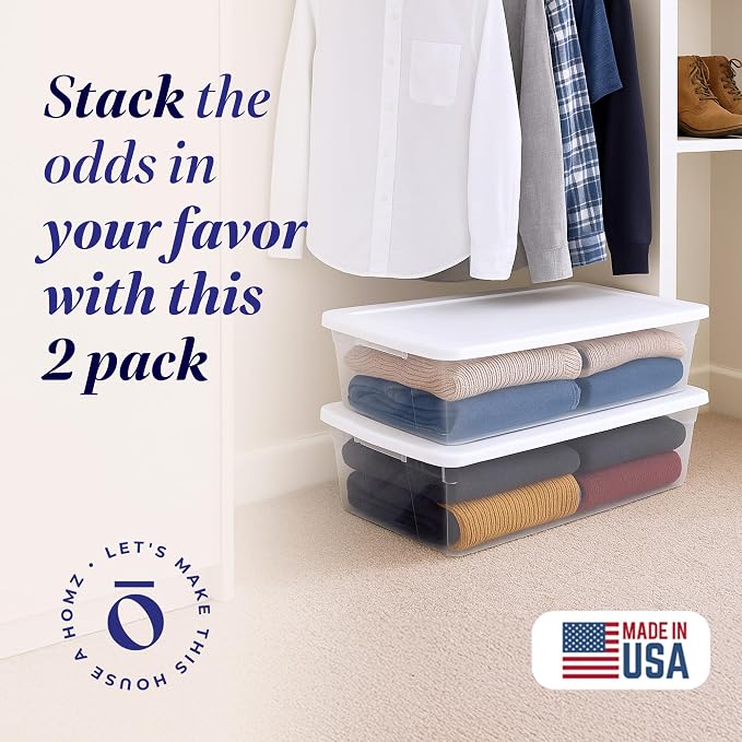 HOMZ 2-Pack Snaplock, Large Clear Plastic Storage Organizer Bins w/Lids, 41 Quart, White - Stackable Container Boxes for Bedroom, Bathroom, Garage, and Office Organization