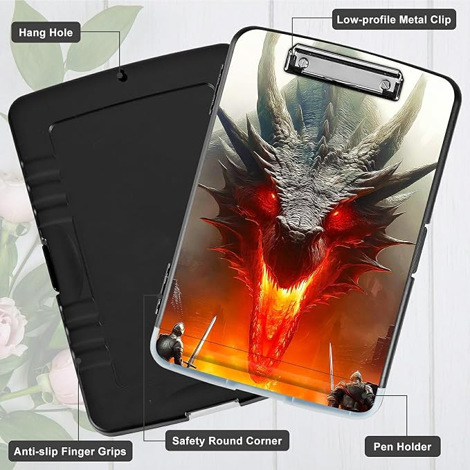 A4 Clipboard with Storage Pen Holder, Clipboards Organizer Nursing Clipboard Foldable File Folder Plastic Clipboard Folio Clip Board for Office Work Classroom Doctor, Grey Flame Dragon