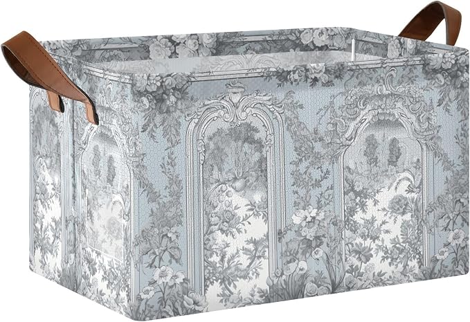Vintage French Floral Classic Blue Storage Basket Foldable Cube Storage Bins with Handles&Labels Collapsible Organizer Box Bin Large Rectangle Decorative Baskets for Shelves Home Room Laundry
