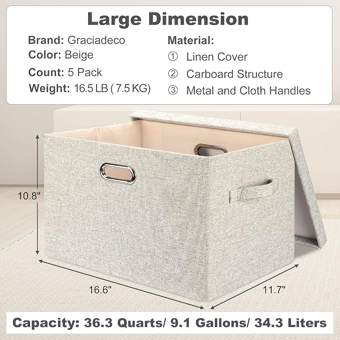 Storage Bins with Lids Fabric Closet Organizers Cubes Office Organization | 36 Quart 5 Pack Beige Collapsible Stackable Linen Fabric 4 Handles Bedroom Closet Cabinet Under Bed Clothes Toy Office File