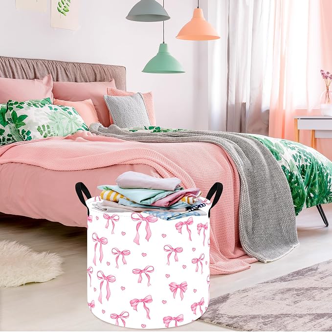 MAIZMZ 3 Pack Pink Bow Storage Basket for Girls Room, 15.7 x 13.3 Inch Round Laundry Basket with Handles,Foldable Toy Organizer Bin with Water-Resistant Lining for Nursery, Bedroom, Gifts