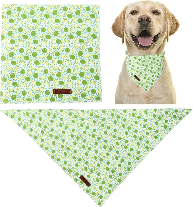 Summer Dog Bandana, UP URARA PUP Lime Triangle Bid, Clover and Bow Pattern Scarf for Medium Large Dogs, Cotton Kerchief for Girl Boy Puppies, Cute Summer Green Bandana,L