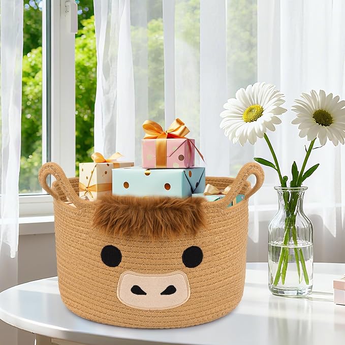 Oval Highland Cute Cow Basket for Nursery, Large Woven Gift Basket | Shelves Rope Cotton Storage Bins for Gifts Empty, Baby Shower Blanket with Handles,Towel Burr Decorative, 13"D x 8"H IN