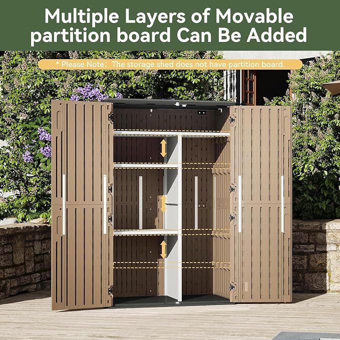 Aoxun Outdoor Storage Shed, 64 Cu.Ft Vertical Storage Sheds, Brown | Outdoor Waterproof Storage Cabinet for Garage Storage, Resin Sheds Outdoor with Floor