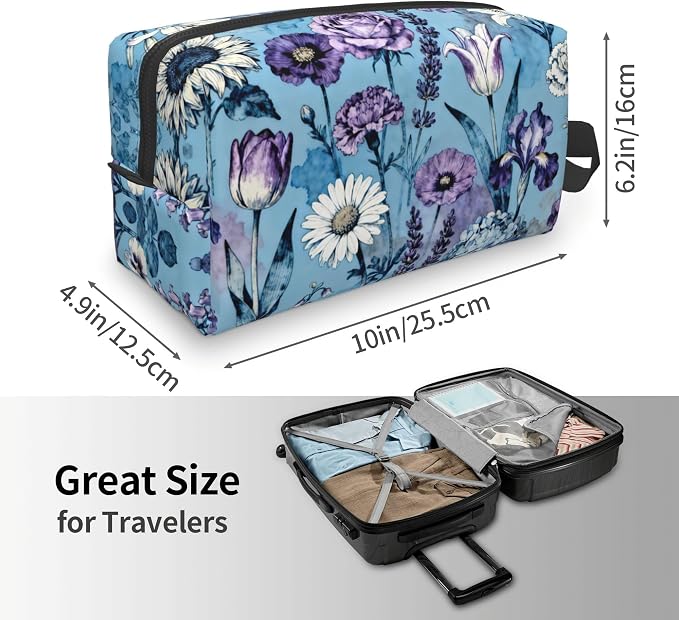Blue and Purple Watercolor Floral Makeup Bag - Durable 600D Oxford Fabric Travel Cosmetic Bag, Shockproof Foam Padded Toiletry Organizer for Gym & Daily Use 10x6.2x4.9 Inch