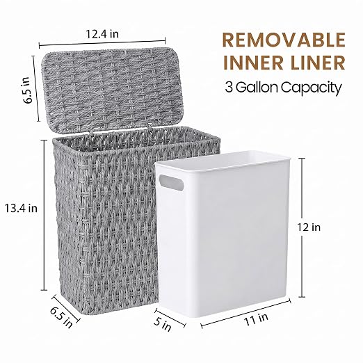 Wicker Trash Can,3 Gallon Bathroom Trash Can with Lid,Handwoven Paper Rope Rattan Waste Basket with Removable Liner and Built-in Handles for Bedroom,Toilet,Narrow Spaces,Grey