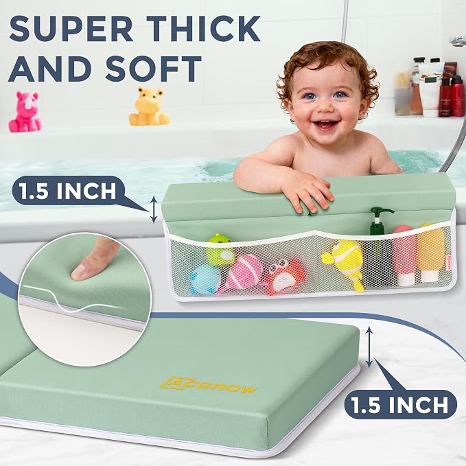 Bath Kneeler and Elbow Rest Pad Set, 1.5” Thick Bathtub Kneeling Mat | Cozy Memory Foam, Non-Slip 6 Suction Cups and 4 Toys Organizer Pockets, Quick-Dry Bath Kneeling Pad for Babies Toddlers