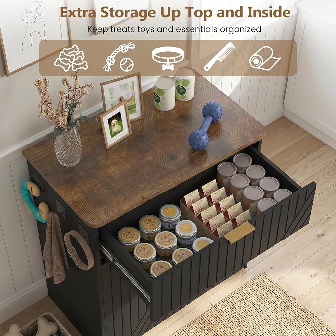 Dog Feeding Station Cabinet, Elevated Feeder Bowl, Black, Classic Panel | Slow Feeder Insert, Large food bin, Removable Divider, 3 Side Hooks, Pull-Out Drawer, Easy to Clean for Small & Middle Dogs