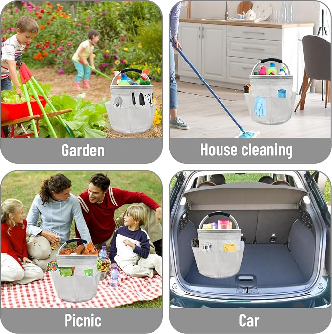 17L Cleaning Caddy with Handle, Foldable Cleaning Supply Caddy with 6 Pockets Cleaning Caddy Bag for Outdoor Camping Garden Harvest Basket Bathroom Storage (Clear)