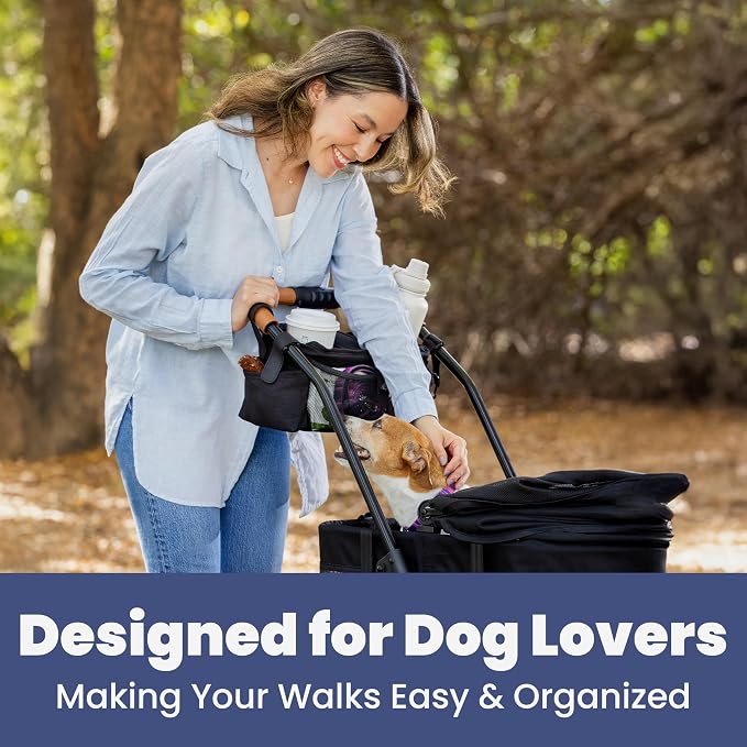 Dog Stroller Caddy Organizer with 2 Insulated Cup Holders & Treat Pocket | Poop Bag Dispenser, Treat Pocket, Collapsible Water Bowl, Zip-Off Wallet, Non-Slip Fit for 14-19" Handlebars, Paw Print