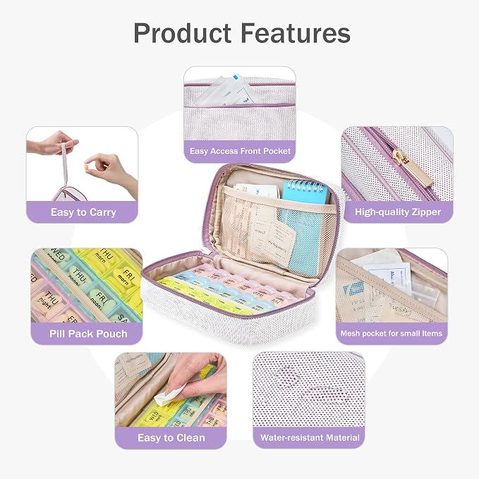Lexeeco Travel Pill Case for Purse with Weekly Pill Organizer Holder 7 Day | Cute Am Pm Pill Box 7 Day ,Travel Medicine Organizer Pill Container Holder for Vitamins,Fish Oils,Medication,Medical Supplies