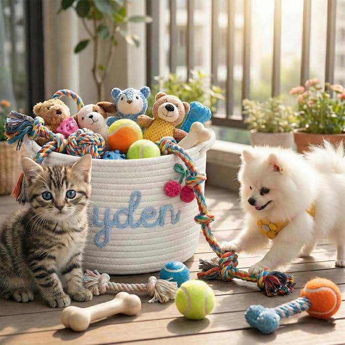 Personalized Dog Toy Storage Basket - Custom Woven Cotton Rope Bin with 3D Cord Name for Puppy Accessories, Treats & Pet Organization Pink L