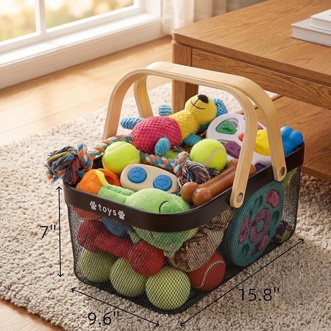 Metal Dog Toy Basket, Chew-Proof Food Bin with Handles | Medium Indestructible Feeding Storage Container, Pet Stuff Organizer Box for Living Room, Dog Leash, Blanket