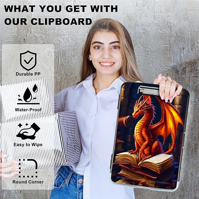 Book Dragon A4 Clipboard with Storage Pen Holder, Clipboards Organizer Nursing Clipboard Foldable File Folder Plastic Clipboard Folio Clip Board for Office Students Classroom Doctor