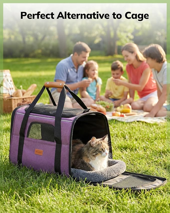 Morpilot Cat Carrier Soft for Large Medium Cats and Puppy up to 20lbs | with Dual-Sided Cushion, Secure Buckle and Foldable Bowl, Dog Carriers for Small Dogs(Purple)-17.3"L x 12.2"W x 13.4"H