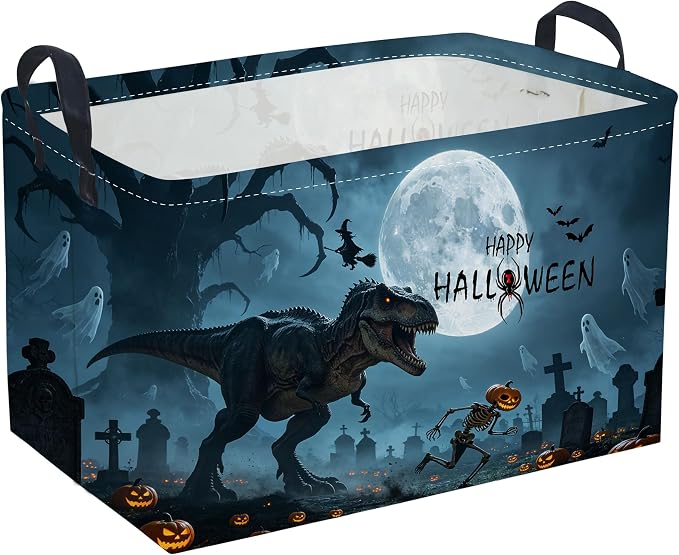 Sanjiaofeng Rectangular Dinosaur Halloween Baskets,Waterproof Foldable Dinosaurs Basket with Handles,Nursery Hamper,Home Organizer,Books Box,Gift Baskets(Misty Dinosaur)