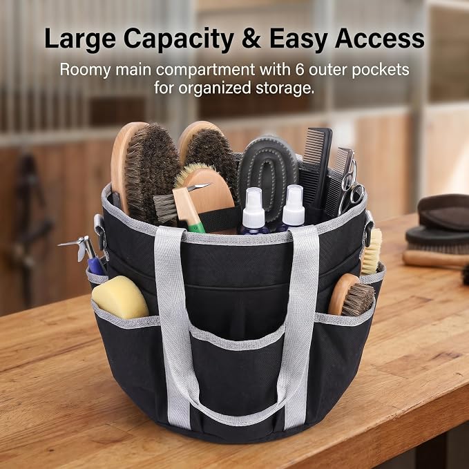Horse Grooming Tote Bag with 6 Pockets & Drawstring Closure, Portable Grooming Bag for Horses, Waterproof Tack Bag with Shoulder Strap for Horse Grooming Supplies, Equestrian Grooming Kit Organizer