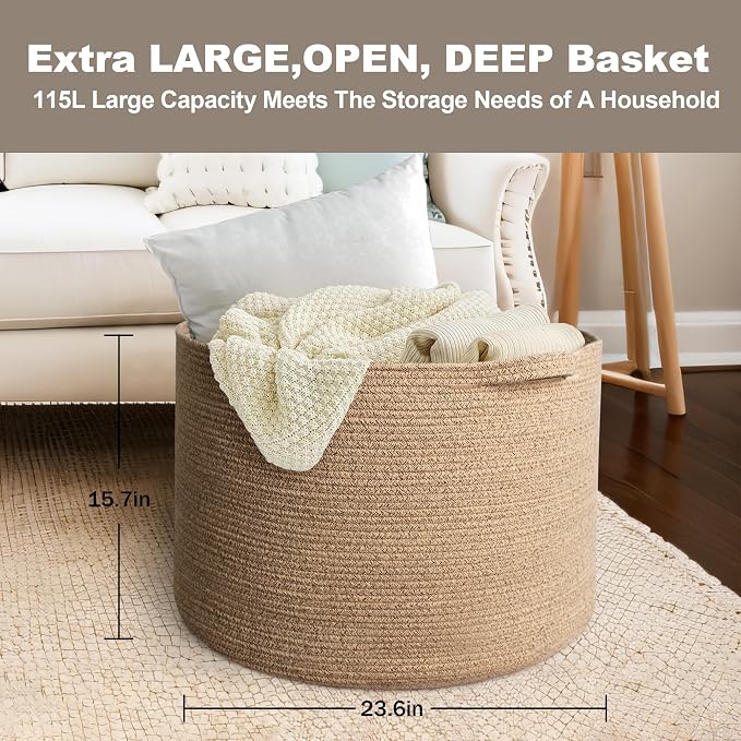 115L Extra Large Storage Basket, 23.6"x15.7" Woven Cotton Rope Basket, Giant Kids Dog Toy Bin, XXXL Boho Blanket Pillow Holder for Living Room, Brown Variegated Woven Baskets for Organizing