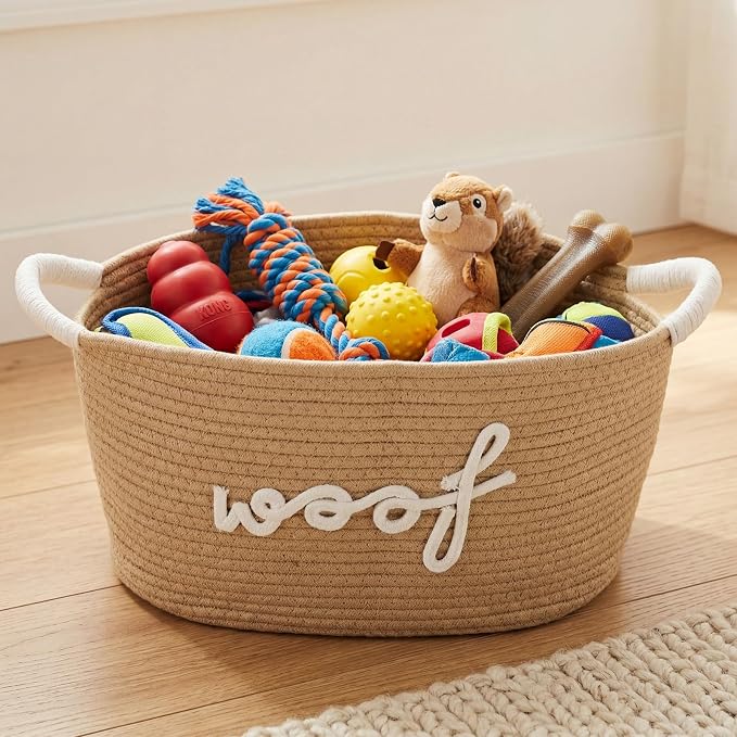 Dog Toy Storage Basket with Handles, 14.6 x 10.6 x 8.7 Inch Cotton Rope Dog Toy Storage Bin Woven Pet Organizer Shelf Basket for Pet Chew Toys, Foods