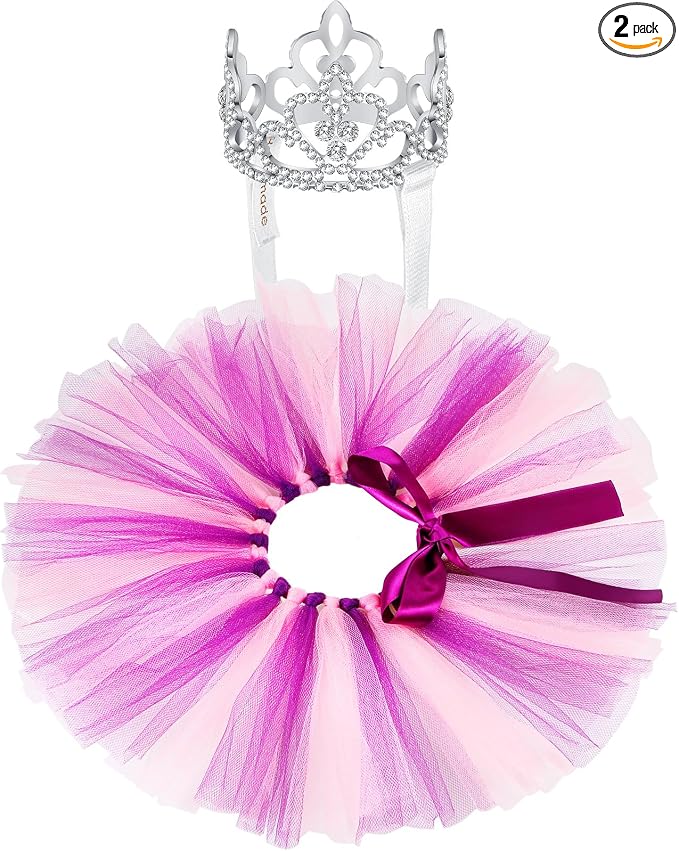 2 Pcs Dog Crown Headband Dog Tutu Dress Set Crystal Rhinestone Tiara Crown Tutu Skirt Pet Dress Costume for Puppy Birthday Party Wedding Photo Prop Costume(Large,Pink Purple)