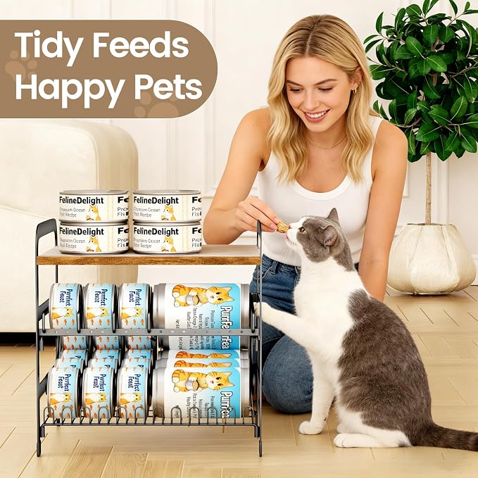 Cat Food Can Organizer for Pantry | Adjustable 2 Tier Canned Food Organizer for Human and Pet Holds up to 42 Cans Fifo Design