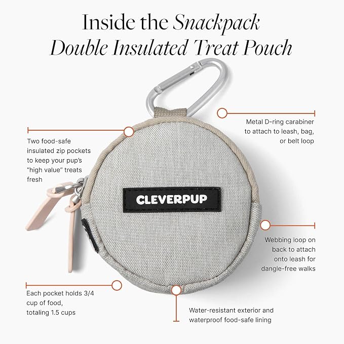 Cleverpup Snackpack Double Insulated Dog Treat Pouch – 1.5 Cup Capacity, 2 BPA-Free Waterproof Zipper Pockets, Carabiner for Belt/Leash – Compact Training & Travel Bag – Sand