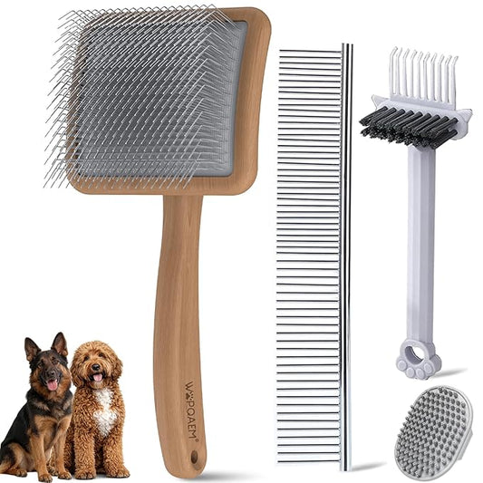 Large Slicker Brush for Dogs, 4-in-1 Extra Long Pins Dematting Dog Brush Grooming with Doodles Goldendoodles & Poodles, Deshedding Brush Set Cleaning Tool for Thick Double Coats,Naturally