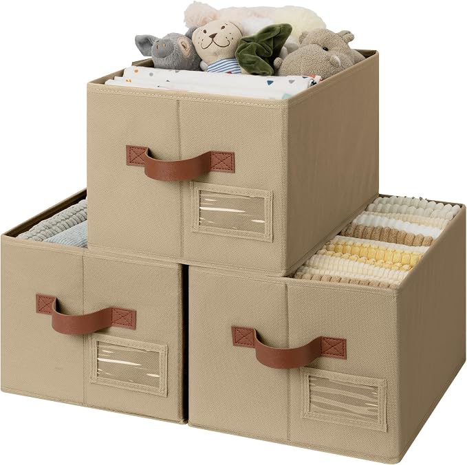 GRANNY SAYS Closet Storage Bins with Label, Brown, Medium, 3-Pack | Closet Organizer Bins, Fabric Storage Basket with PU Handles, Clothing Storage Organizers