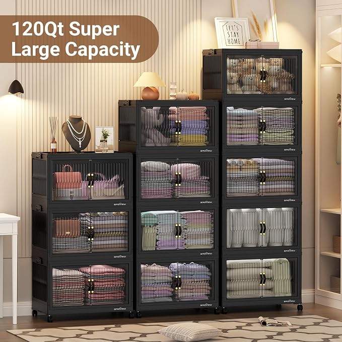 BROVIEW 480Qt Stackable Storage Bins with Lid for Home Dorm, 4Pack Black | Closet Organizers, Foldable & Collapsible Cabinets, Large Containers, Wheels & Magnetic Doors, Plastic Drawers for School