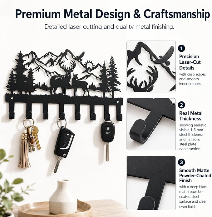 Deer Metal Key Holder for Wall, 14.5" X 8.9", Key Hooks for Wall Organizer, Key Rack, Forest Theme Coat Hat Towel Hooks, Ideal for Living Roo