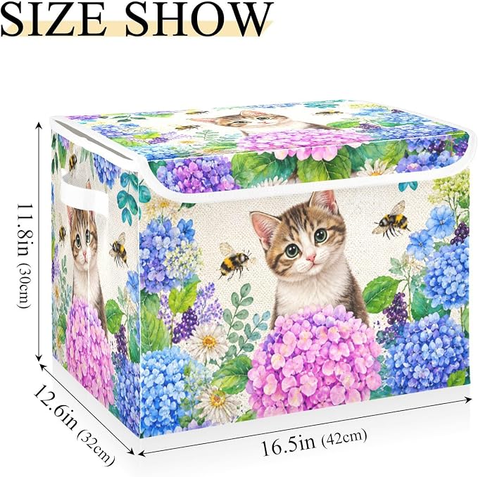 Fabric Storage Bins with Lid Cat Bloom Closet Storage Basket 40L | Decorative Storage Boxes, Foldable & Stackable, Dust-Proof Flip Top, Reinforced Handles, For Home & Dorm, Clothes & Toy Box