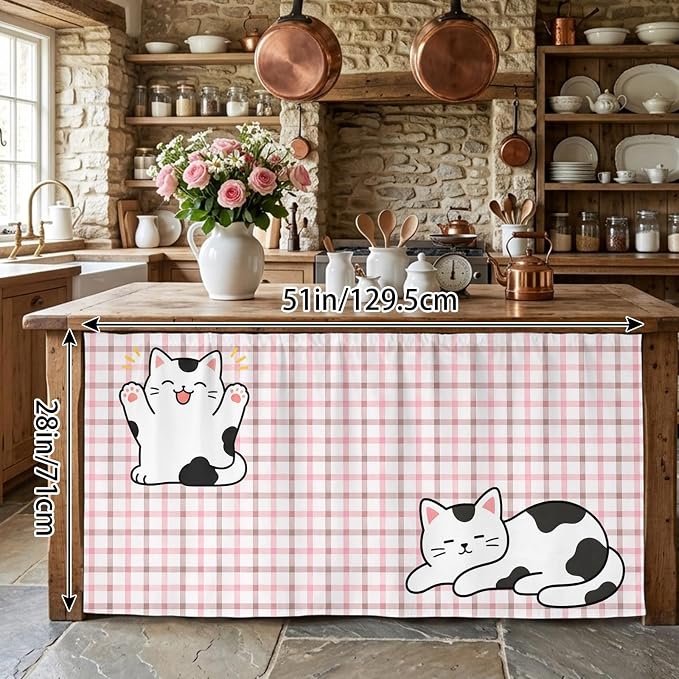 Cute Cat Cabinet Curtains 28"x51" Sink Skirt for Bathroom Kitchen, Pink Brown Checked Modern Pet Cats Rustic Self Stick Adhesive Under Desk Covers Tall Laundry Cabinet Storage Organizer