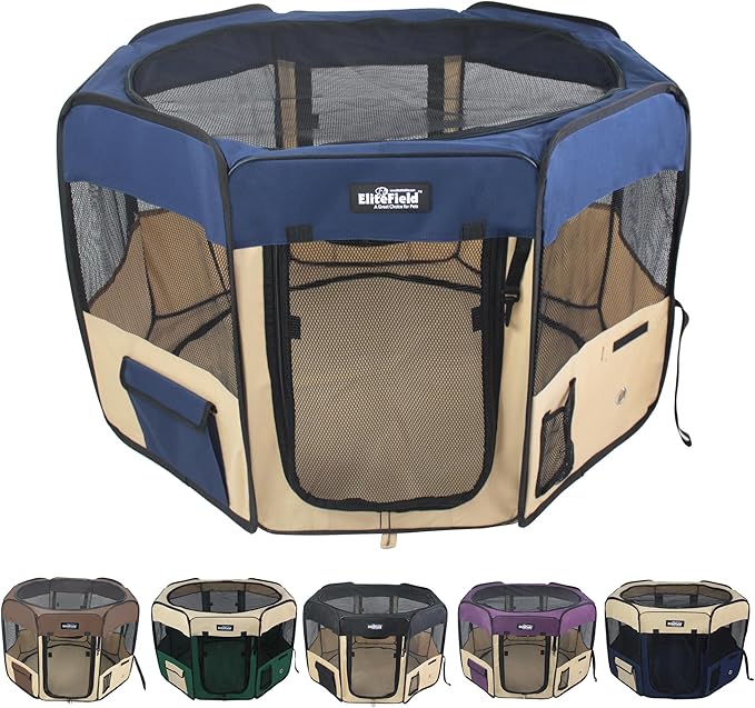 EliteField 2-Door Soft Pet Playpen for Dogs and Cats (2-Year Warranty) | 600D Fabric, Washable Floor Mat & Top Cover, Indoor/Outdoor, Carrying Bag, Ground Stakes, Zipper Locks