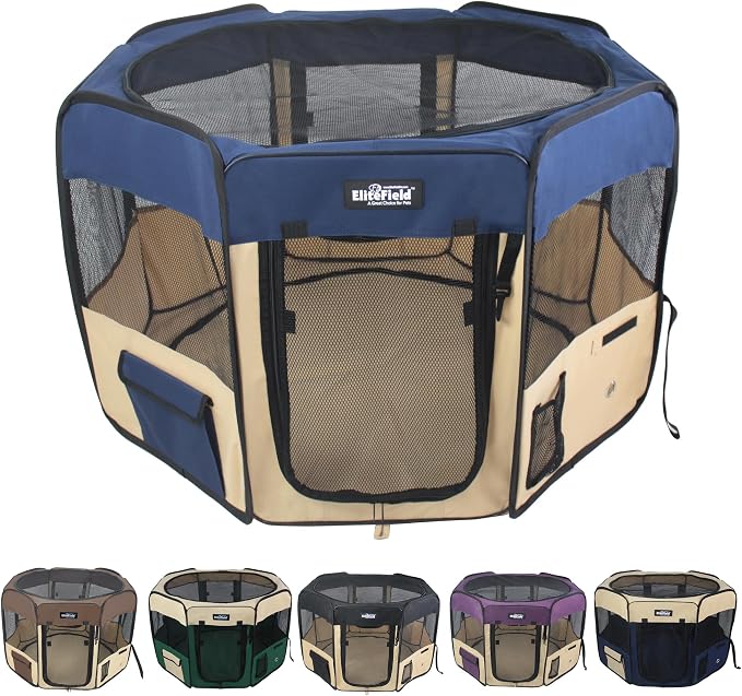 EliteField 2-Door Soft Pet Playpen for Dogs and Cats (2-Year Warranty) | 600D Fabric, Washable Floor Mat & Top Cover, Indoor/Outdoor, Carrying Bag, Ground Stakes, Zipper Locks