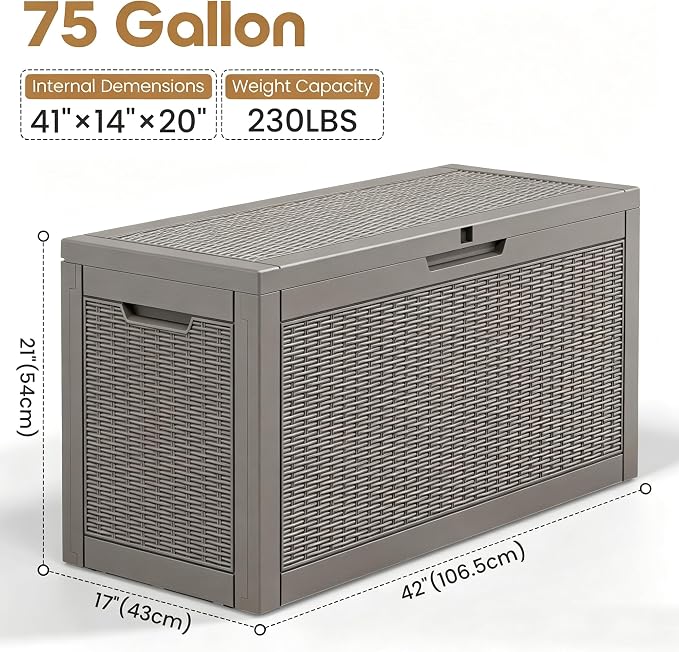 75 Gallon Outdoor Storage Box Waterproof Deck Box for Patio | Gray, Resin, Weatherproof, Lockable, Compact, Easy Assembly, Patio Cushions Storage, Pool Garden Accessories Organization