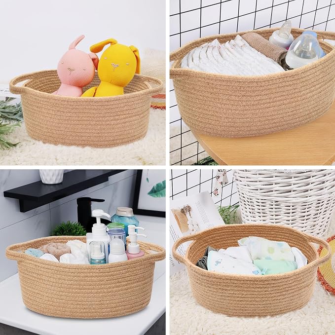 ABenkle Small Basket Empty Gift Basket, Decorative Boho Rope Woven Nursery Storage Organizer Dog Toy Baskets for Baby Showers Christmas Easter with Gift Bags and Ribbons, 12"X 8" X 5"